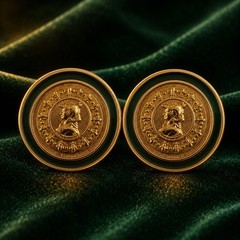 Vintage Signed WM Mercury Hermes Coin Earrings Green Enamel Gold Tone Studs