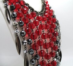 Vintage RJ Graziano red bead and gunmetal statement runway fringe necklace
