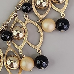 Vintage Statement Necklace Black Beaded Fringe Dangles Gold Tone Snail 16.5″