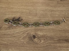 Vintage Sterling Silver Link Bracelet Green Stone Bezel Set Toggle Clasp 7.5 in