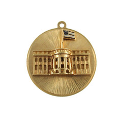 Vintage 14k Yellow Gold White House Charm Pendant Enameled American Flag Disc