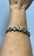VTG Victorian Revival Slider Charm Bracelet Silvertone Rhinestones Enamel 7 1/4″