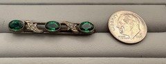 Antique Edwardian Silver Tone Bar Brooch — Green & Clear Paste Stones