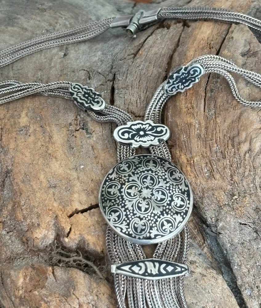 Vintage STERLING SILVER NIELLO TURKISH FOXTAIL PENDANT NECKLACE 925 40.8 GRAMS