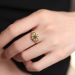 Art Deco Style Round Emerald Lab Created Diamond Engagement 14K Gold Finish Ring