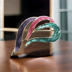 Vintage 1980s Pearlescent Enamel BROOCH EARRING Gold Tone Purple Fushia Teal