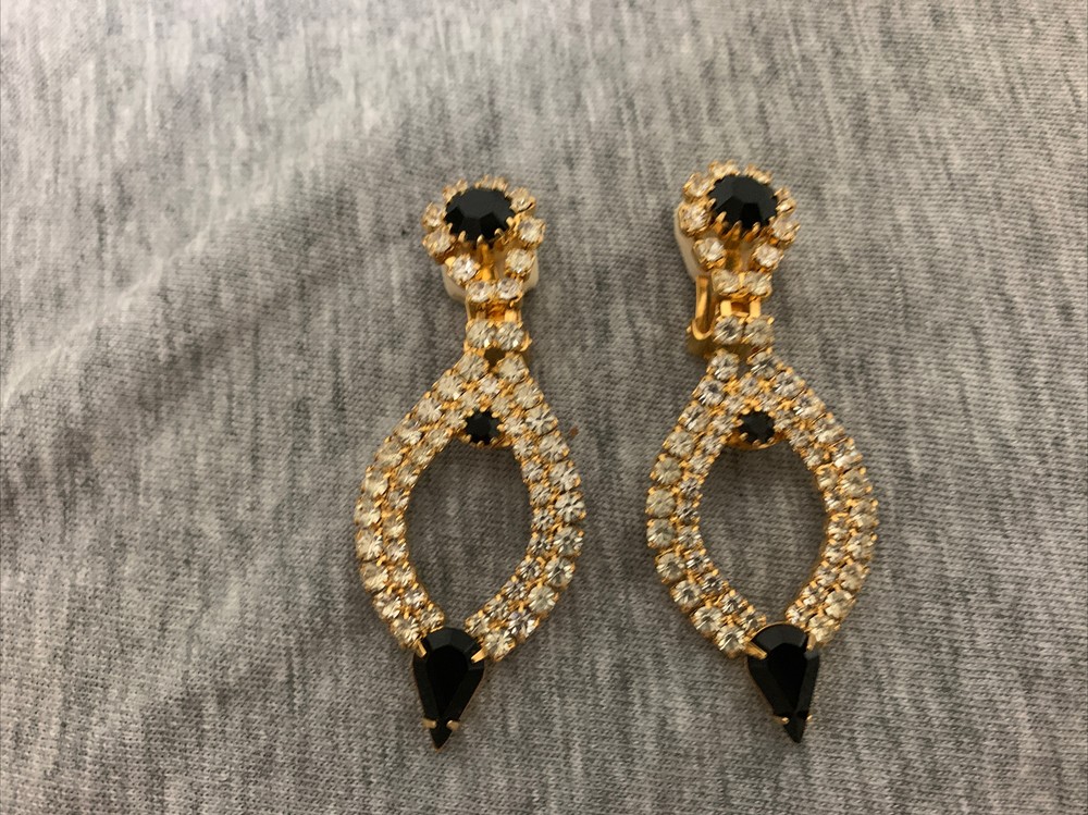 Vintage Siluane Goldtone Metal Prong Set Rhinestone Dangle Drop Clip-on Earrings