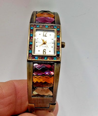 “Vintage” Quartz Spring, Ladies Gold Tone Jeweled Cuff Bracelet Analog Watch.