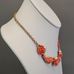 Vintage Rose Necklace Peach Celluloid Flowers Linked Faux Pearl 17″