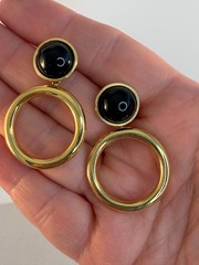 Vintage Monet Black & Gold Door Knocker Round Dangle Post Earrings
