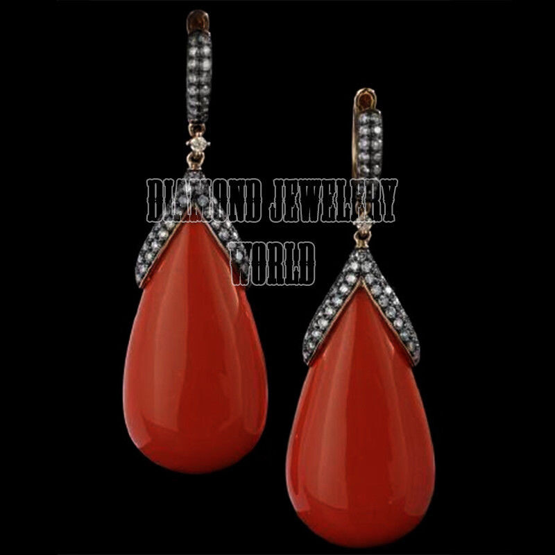 Stunning 2.25ctw Rose Cut Diamond Coral Studded Silver Victorian Earring Jewelry