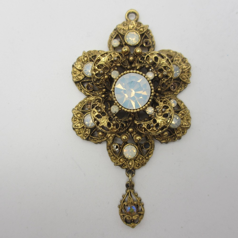 Vintage Opalite Pendant Gold Tone Filigree Dangle MISSING RHINESTONES
