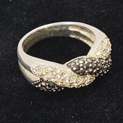 Sterling Silver Ladies Ring Marcasite & Clear CZ Pave Braided 2-tone Sz 7.5