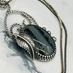 Sterling Silver Old Pawn 925 Necklace Pendant Southwest Moss Agate Oval Leaf 24″