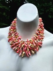 Vintage Hot Pinks Polished Shells Necklace Japan Hook Clasp Multi Strand Japan