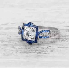 Art Deco Style Lab Created Diamond & Sapphire 14K White Gold FN Engagement Ring