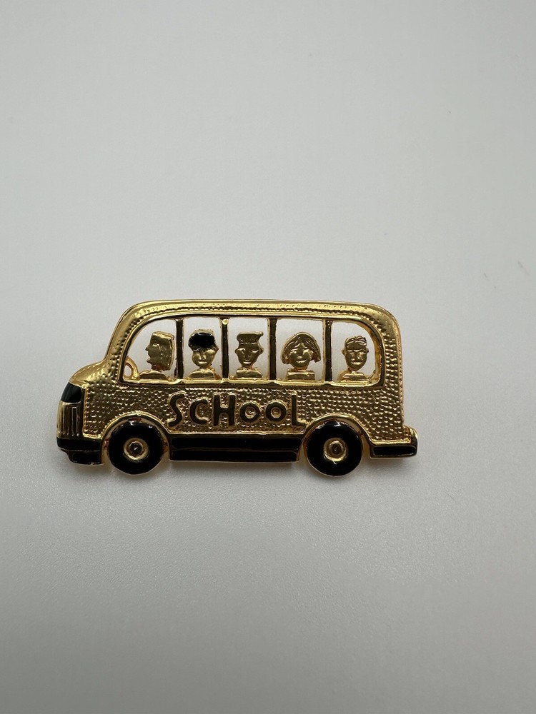 Vintage Gold Enamel School Bus Brooch Pin 4.5cm BB5