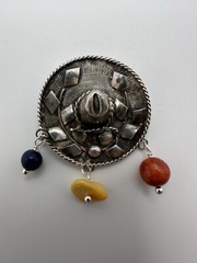 Vintage Sterling Silver Hat Sombrero Lapis Amber Coral Brooch 4.5cm JB23