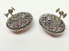 Vintge Signed Haskell Lg Oval Faux Coral Cab w/Rhinestone Border Clip Earrings