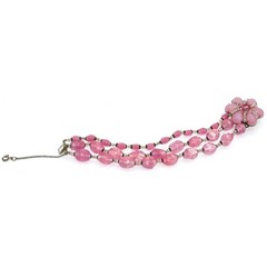 Vintage Signed Miriam Haskell Pink Art Glass 3 Strand Floral Bracelet