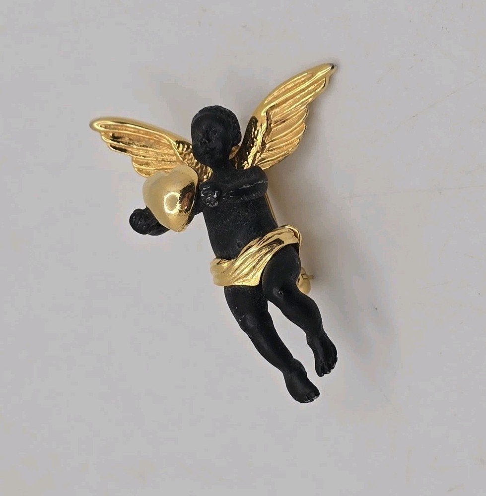 Vintage Coreen Simpson Black Cherub Brooch Gold Tone Cupid Heart Pin Signed