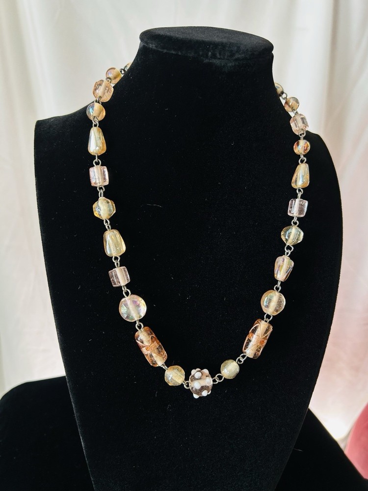 Vintage Wire Wrapped Peach Champagne Art Glass Bead Chain Necklace 20″ 50g