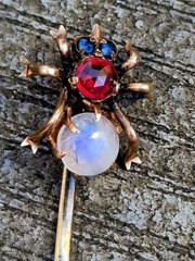 10K Rose Gold Antique Spider Stick Pin Sapphires Ruby Moonstone Victorian Rare!!