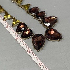 Designer Geometric Bib Necklace Brown Yellow Glass Rhinestone Gold Tone 19″