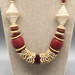 Vintage Chunky Wooden Beaded and Shell Statement Necklace Burgundy 23”