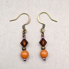 VTG Brass Orange Aventurine & Crystal Beaded Dangle Earrings 1.5″