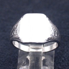 VINTAGE 1960s RHODIUM Nickel Silver SIGNET RING Size 6 Leaf Etched NOS MINT
