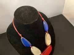 Vintage Red White Blue Adjustable Lucite Bib Necklace Bracelet Earrings MCM MOD
