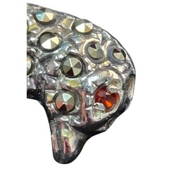 Vintage Sterling Silver, Onyx, Ruby and Marcasite Bird Brooch