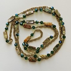 Vintage 80s NAPIER Necklace Abalone Mother Of Pearl & Green Crystals Boho Fairy