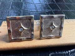 Vintage Cuff Links Men Goldtone Square Textured Clear Rhinestone Accent Toggle