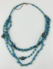 Natural Green Blue Stone Necklace Glass Triple Strand Silver Tone