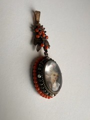Antique Yellow Gold + Silver Coral Seed Pearls Hand Painted Portrait Pendant