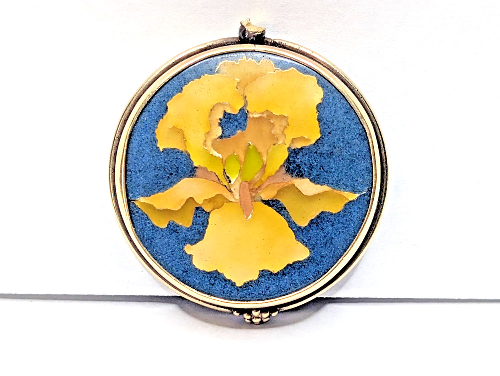 VTG Blue Cloisonne Yellow Iris Flower Pendant Enamel 22kt & 8kt Gold & Sterling