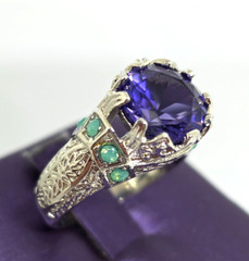 Faux Purple Amethyst Green Opal Filigree Silver Cocktail Ring Marked 925 SZ 7.25