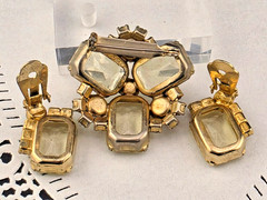 Vintage Light Yellow Open Back Rhinestone Flower Brooch Pin Clip Earrings Set