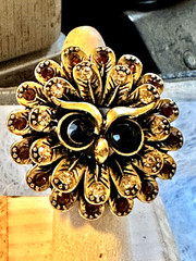 Vintage Gold Tone Stretchy Rhinestone Owl Ring, Signed