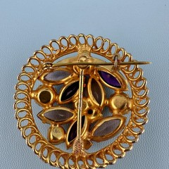 Vintage Rhinestone Brooch Round Pink Purple Marquise Stones Open Back Gold Tone