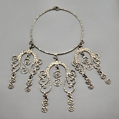 Vtg Hammered Necklace Etruscan Revival Scrollwork Choker Silver Tone Statement