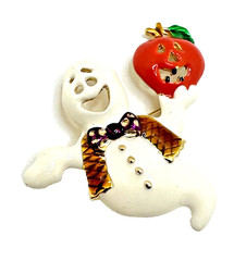 Vintage Halloween Ghost Brooch Enamel Pumpkin Jack O Lantern Statement Pin 2×2″