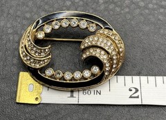 Vintage 1928 Brand Gold Tone Black Enamel Crystal Swirl Brooch Pin Deco Style