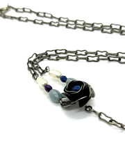 Artisan Gothic Rose Necklace Y Drop Blue Crystal Oxidized Silver Tone