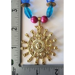 Vintage Sun Pendant Beaded Necklace Multi Color & Blue Beads Gold Tone See Pic *