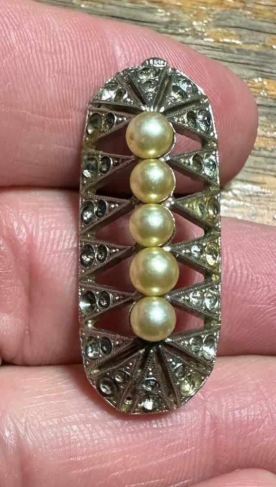 Vintage Art Deco Pearl Rhinestone Brooch Pin Czechoslovakia Retro Fashion #E1