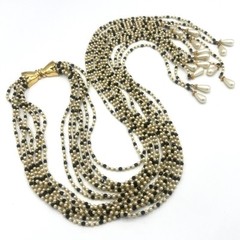 Vtg Jomaz/Joseph Mazer Signed Pearl/Blk Bead Lariat Necklace–7 Strand Scarf Styl