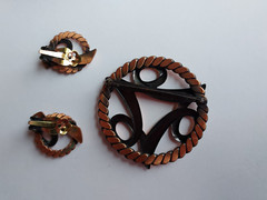 Copper Jewelry Set Modernist Pin Earrings Mid Century Abstract Design Vintage